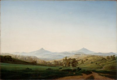 Paisagem boêmia com o Milleschauer de Caspar David Friedrich